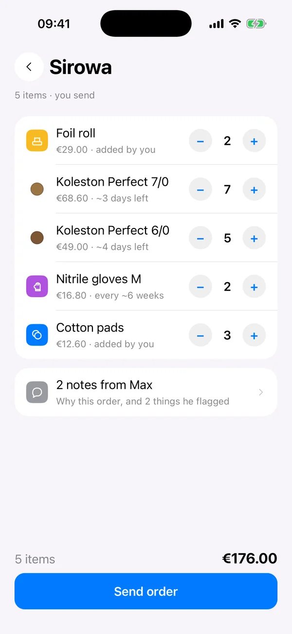 The next Sirowa order in MixMix: foil, two Koleston shades, gloves and cotton pads, €176.00